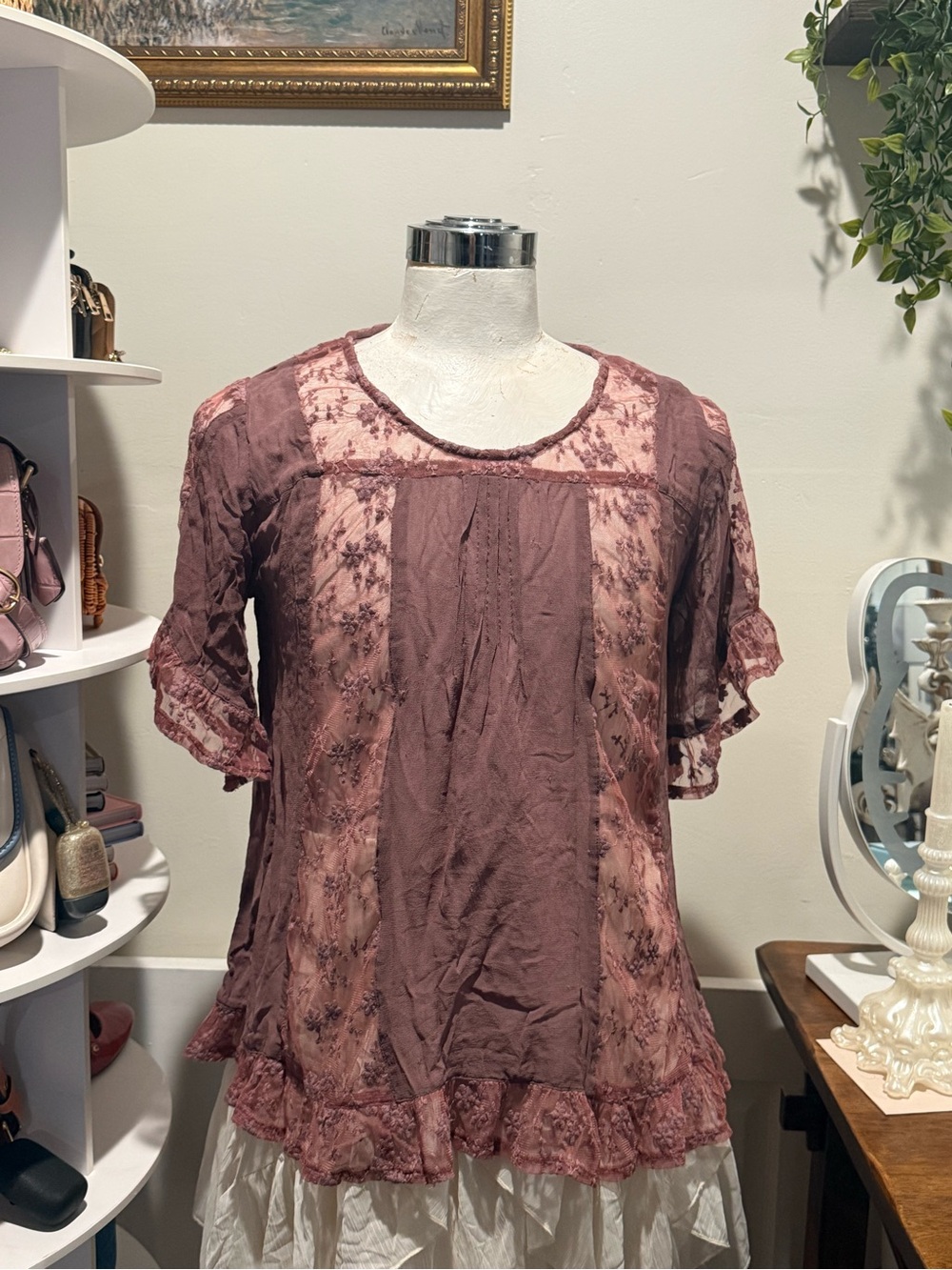 Cost Plus World Market Dusty Rose Lace-Trim Short Sleeve Blouse